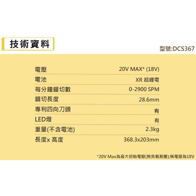 DEWALT得偉 原廠公司貨(含稅) 20Vmax無碳刷緊湊型軍刀鋸 充電軍刀 DCS367P2