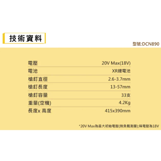 DEWALT得偉 含稅 原廠公司貨 20V Max 擊釘槍 鋼構槍 釘子 DCN890 標準釘 超硬XH釘 高密度（黃）