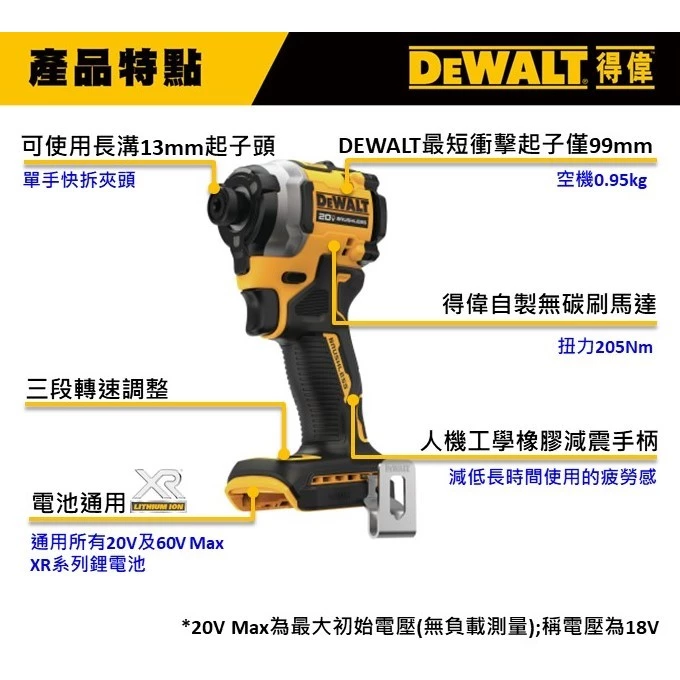 DEWALT得偉 原廠公司貨(含稅) DCF850 無刷衝擊起子機 20v Max 短型 三段調速 三年保固