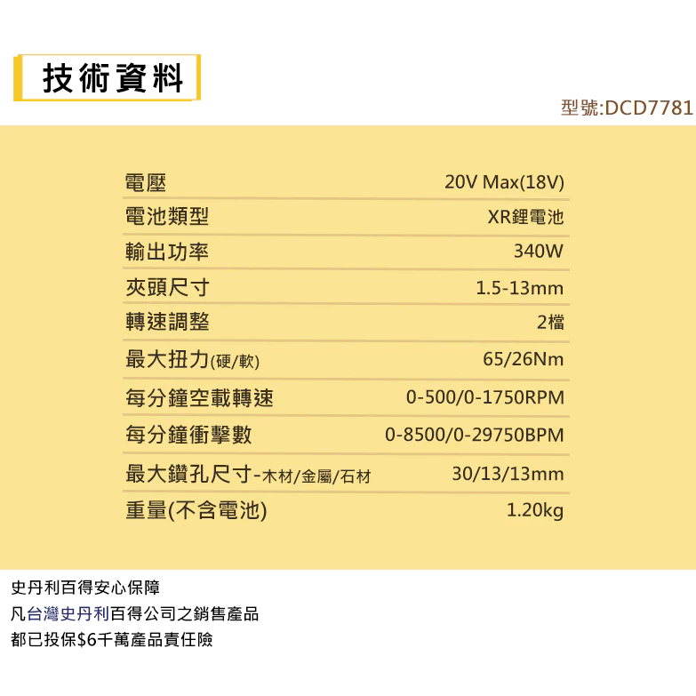 DEWALT得偉 原廠公司貨 含稅 DCD7781D2 20V經濟版震動無刷電鑽調扭起子機
