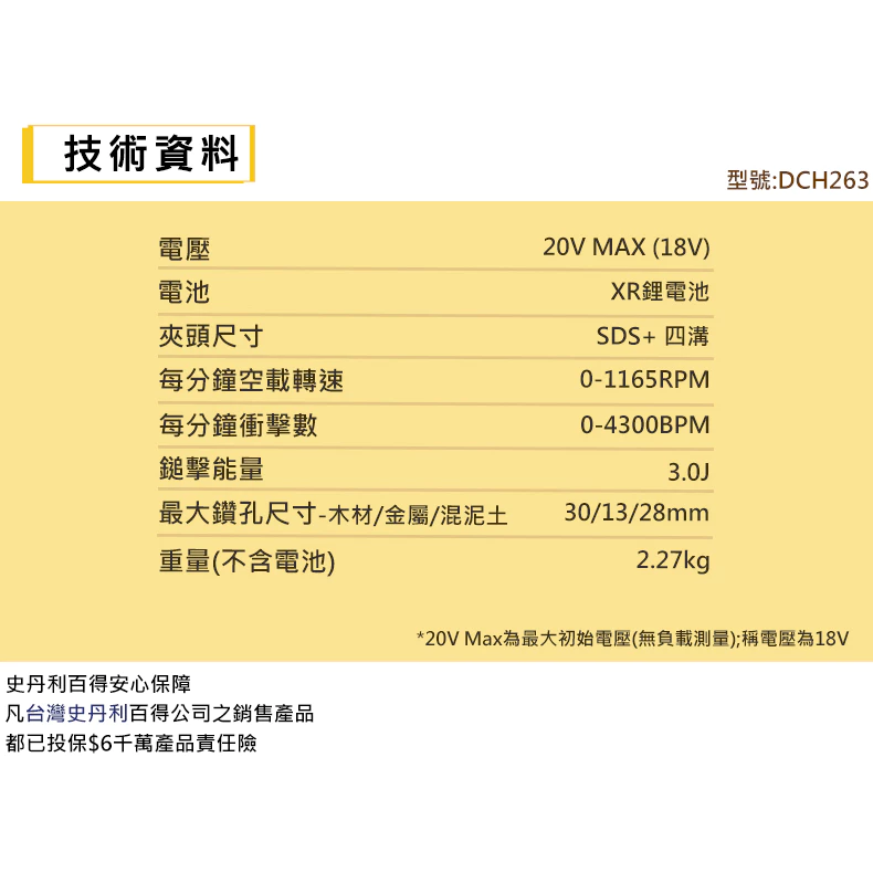 DEWALT得偉 原廠公司貨(含稅) DCH263P2 / 20V鋰電無碳刷四溝三用電鎚鑽空機 電槌 鎚鑽 電鑽